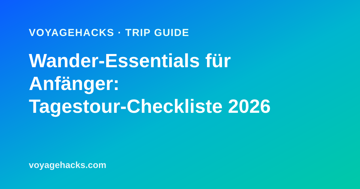 Essentials für die Tageswanderung ausgelegt: Hydration-Rucksack, Trekkingstöcke, Stirnlampe, Erste-Hilfe-Set, Regenjacke und Merino-Socken