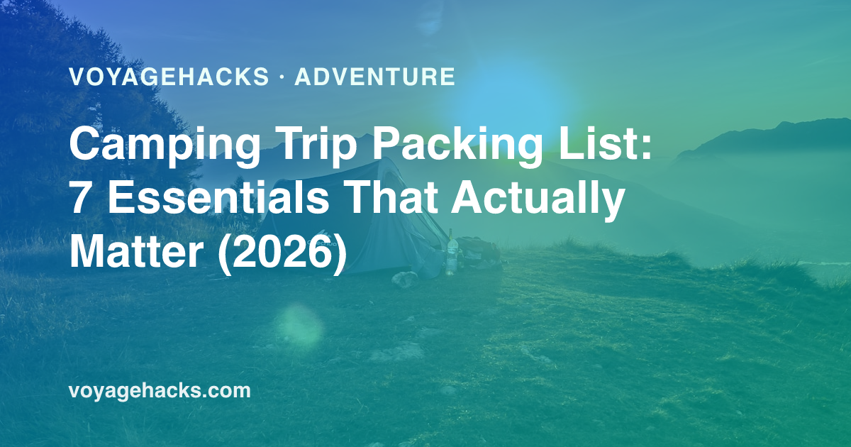 Camping trip packing list: tent, sleeping bag, stove and headlamp laid out at a campsite
