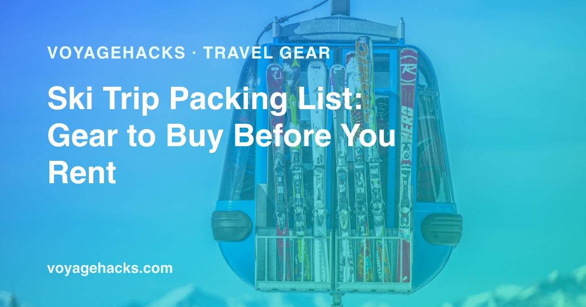 Ski trip packing list: helmet, goggles, merino base layers, mittens and boot bag laid out before a ski trip