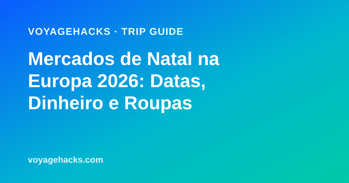 Kit de viagem para mercado de natal no inverno: botas impermeáveis, roupas térmicas, luvas touchscreen e uma caneca térmica dispostos em frente a barracas de madeira festivas
